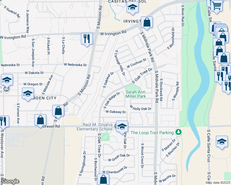 map of restaurants, bars, coffee shops, grocery stores, and more near 5490 South Oak Tree Drive in Tucson