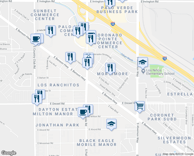 map of restaurants, bars, coffee shops, grocery stores, and more near 3580 East Felix Boulevard in Tucson