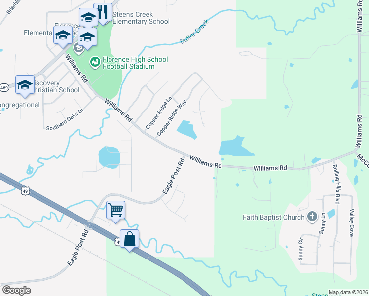 map of restaurants, bars, coffee shops, grocery stores, and more near 333 Williams Road in Florence