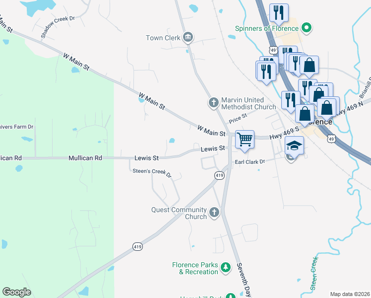 map of restaurants, bars, coffee shops, grocery stores, and more near 212 Lewis St in Florence
