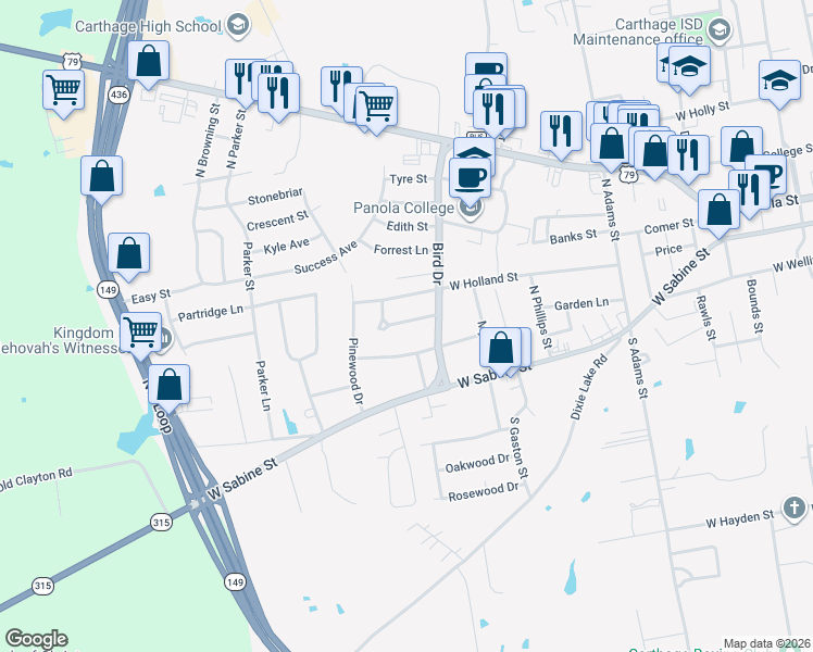 map of restaurants, bars, coffee shops, grocery stores, and more near 1005 West College Street in Carthage