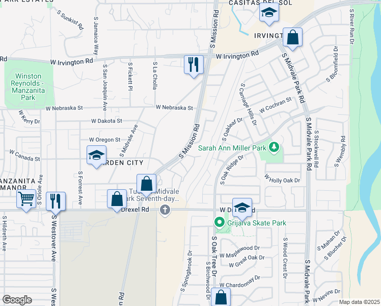 map of restaurants, bars, coffee shops, grocery stores, and more near 5505 South Mission Road in Tucson