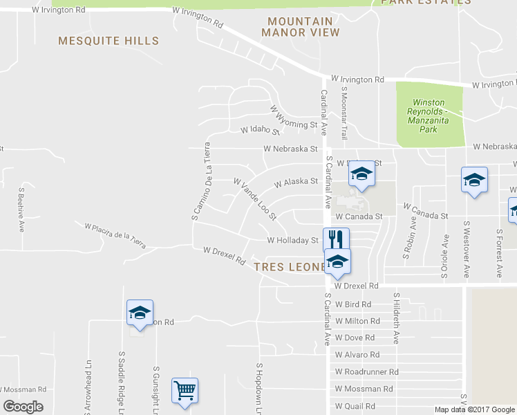 map of restaurants, bars, coffee shops, grocery stores, and more near 3091 West Vande Loo Street in Tucson