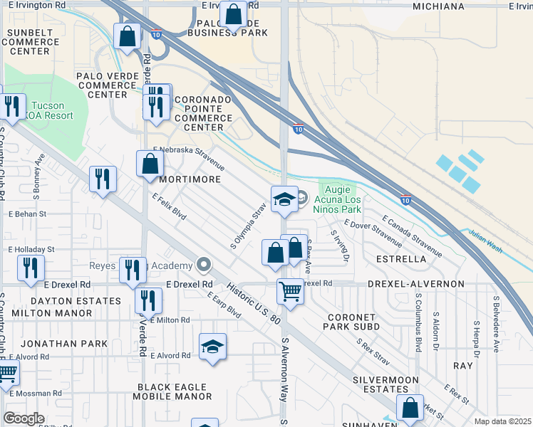 map of restaurants, bars, coffee shops, grocery stores, and more near 3866 East Nebraska Stravenue in Tucson