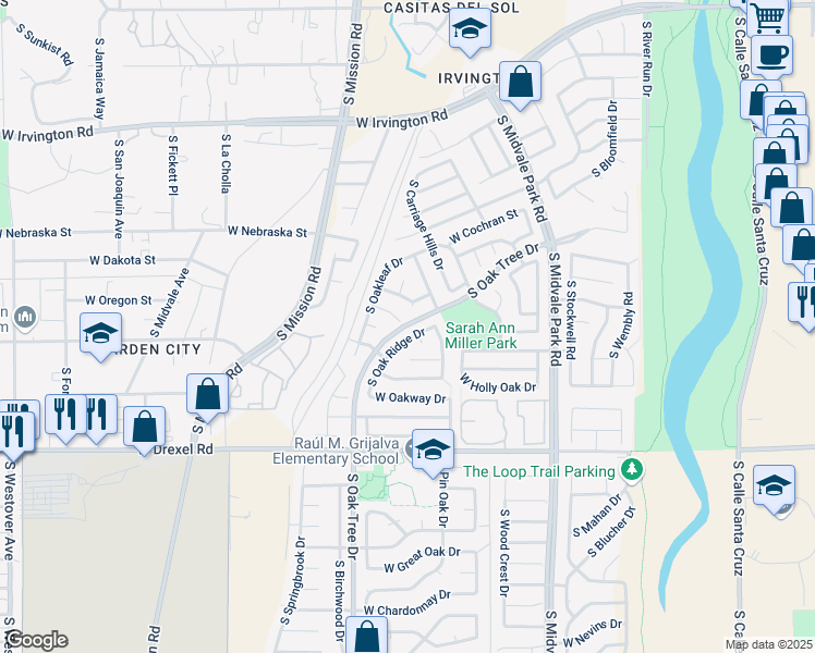 map of restaurants, bars, coffee shops, grocery stores, and more near 5490 South Oak Tree Drive in Tucson