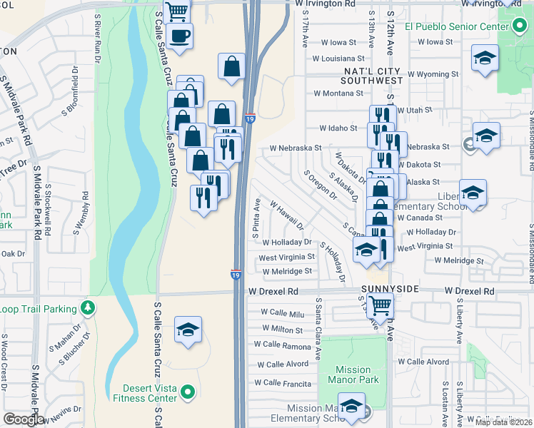 map of restaurants, bars, coffee shops, grocery stores, and more near 5458 South Santa Cruz Avenue in Tucson