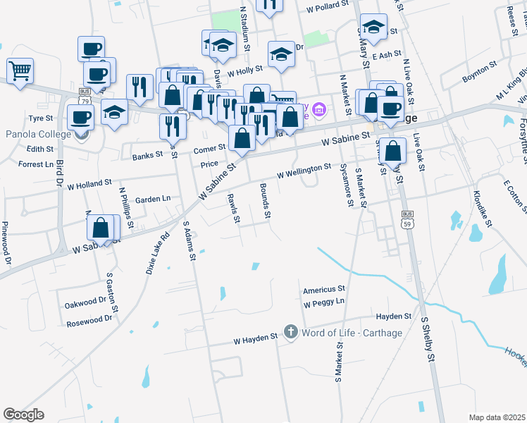 map of restaurants, bars, coffee shops, grocery stores, and more near 216 Bounds Street in Carthage