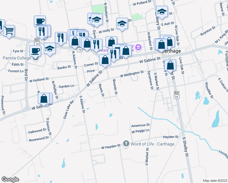 map of restaurants, bars, coffee shops, grocery stores, and more near 216 Bounds Street in Carthage