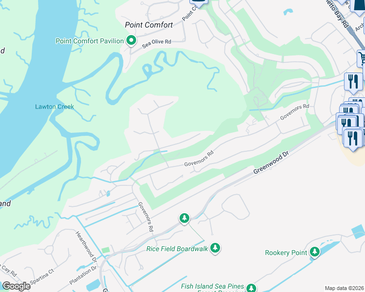 map of restaurants, bars, coffee shops, grocery stores, and more near 26 Pine Island Road in Hilton Head Island