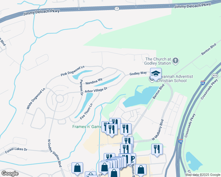 map of restaurants, bars, coffee shops, grocery stores, and more near 157 Arbor Village Drive in Pooler