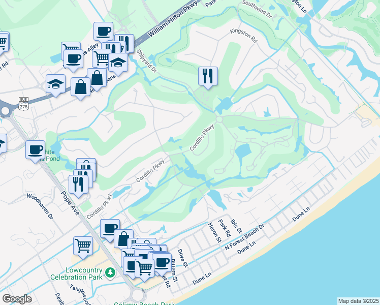 map of restaurants, bars, coffee shops, grocery stores, and more near 37 Sailmaster Com in Hilton Head Island