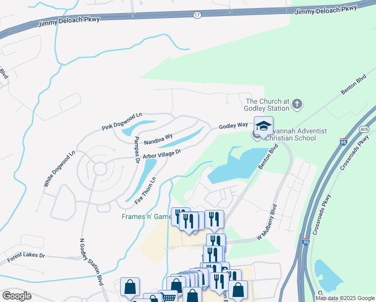 map of restaurants, bars, coffee shops, grocery stores, and more near 159 Arbor Village Drive in Pooler