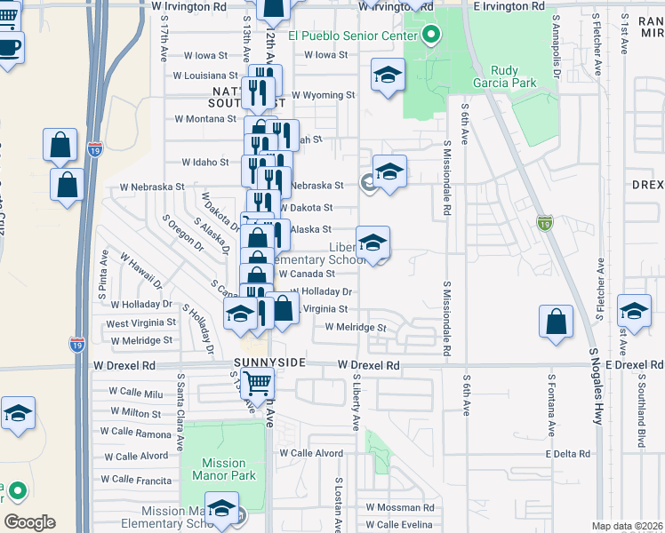map of restaurants, bars, coffee shops, grocery stores, and more near 342 West Canada Street in Tucson