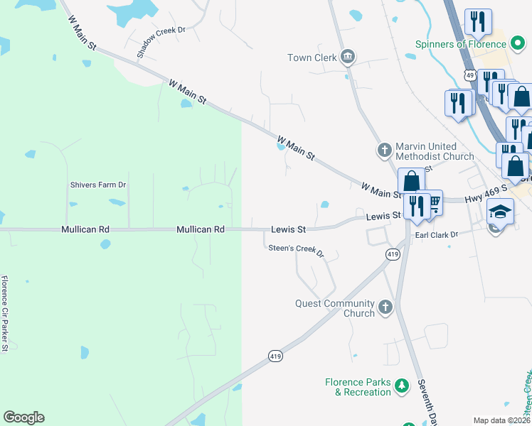 map of restaurants, bars, coffee shops, grocery stores, and more near 238 Lewis Street in Florence