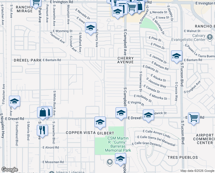 map of restaurants, bars, coffee shops, grocery stores, and more near 1610 East Canada Street in Tucson