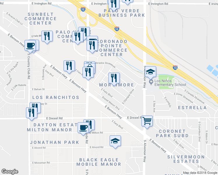 map of restaurants, bars, coffee shops, grocery stores, and more near 3632 East Helena Stravenue in Tucson