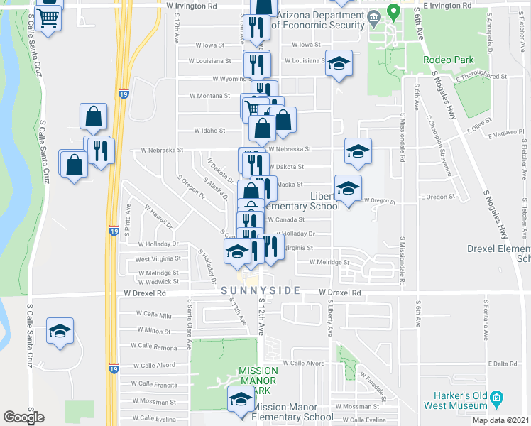 map of restaurants, bars, coffee shops, grocery stores, and more near 5443 South 12th Avenue in Tucson