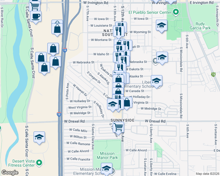map of restaurants, bars, coffee shops, grocery stores, and more near 5472 South 13th Avenue in Tucson