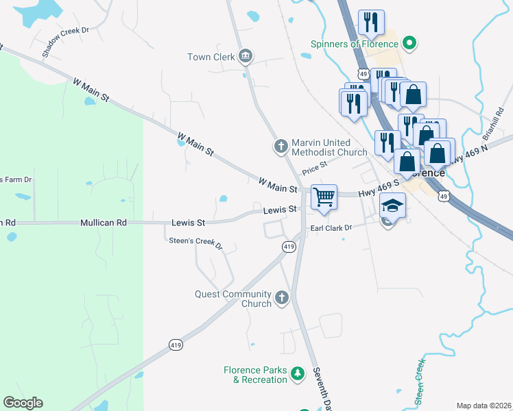 map of restaurants, bars, coffee shops, grocery stores, and more near 212 Lewis Street in Florence