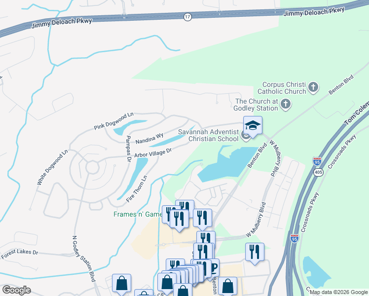 map of restaurants, bars, coffee shops, grocery stores, and more near 159 Arbor Village Drive in Pooler