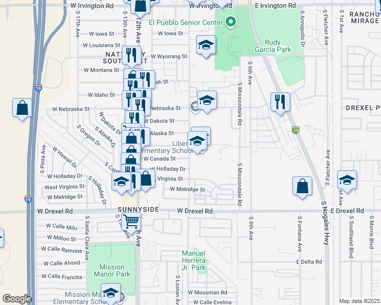 map of restaurants, bars, coffee shops, grocery stores, and more near 5495 South Liberty Avenue in Tucson