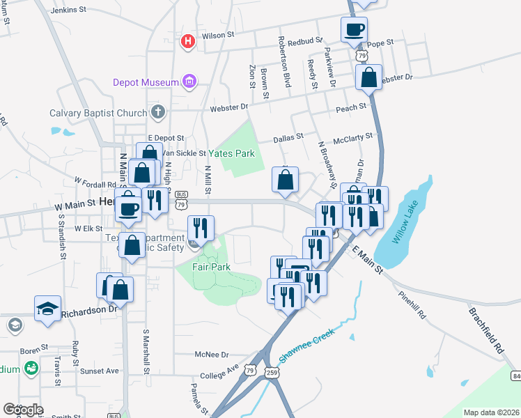 map of restaurants, bars, coffee shops, grocery stores, and more near 504 East Main Street in Henderson