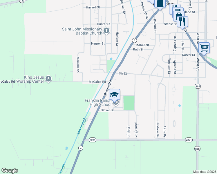 map of restaurants, bars, coffee shops, grocery stores, and more near 7278 Prairie Road in Winnsboro