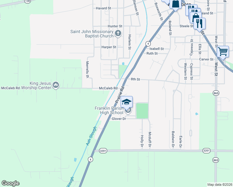 map of restaurants, bars, coffee shops, grocery stores, and more near 7278-7318 Prairie Road in Winnsboro