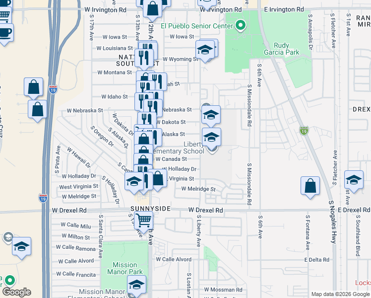 map of restaurants, bars, coffee shops, grocery stores, and more near 341 West Oregon Street in Tucson