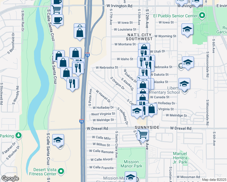 map of restaurants, bars, coffee shops, grocery stores, and more near 5456 South Canada Drive in Tucson