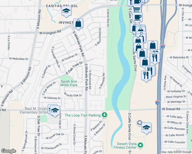 map of restaurants, bars, coffee shops, grocery stores, and more near 5470 South Gainsborough Road in Tucson