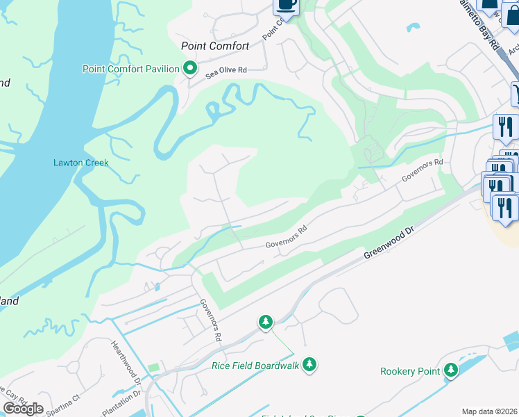 map of restaurants, bars, coffee shops, grocery stores, and more near 26 Pine Island Road in Hilton Head Island