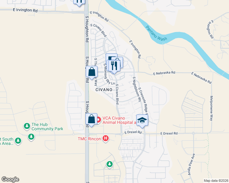 map of restaurants, bars, coffee shops, grocery stores, and more near 5454 South Civano Boulevard in Tucson