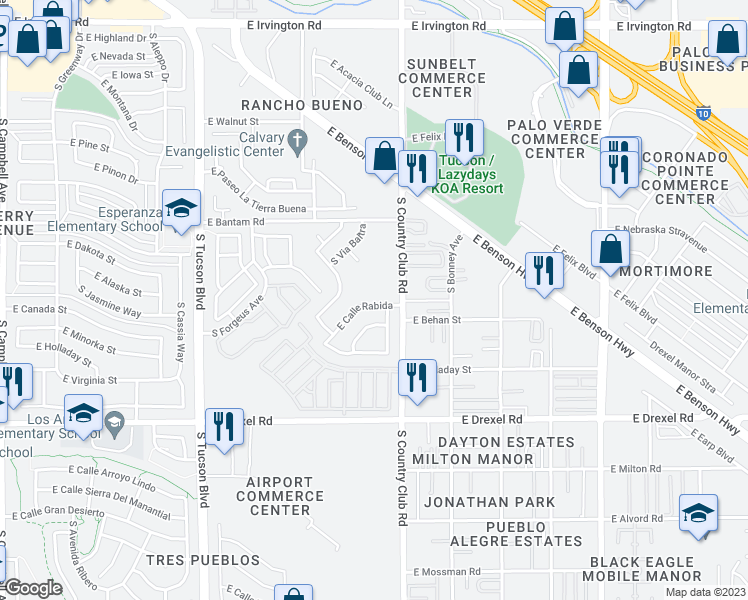 map of restaurants, bars, coffee shops, grocery stores, and more near 3015 East Calle Rabida in Tucson