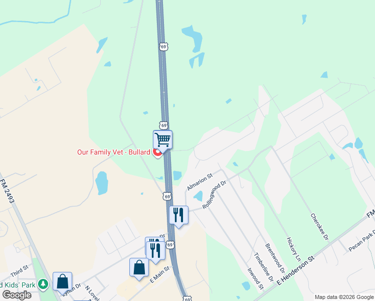 map of restaurants, bars, coffee shops, grocery stores, and more near Artesian Meadow Drive in Bullard