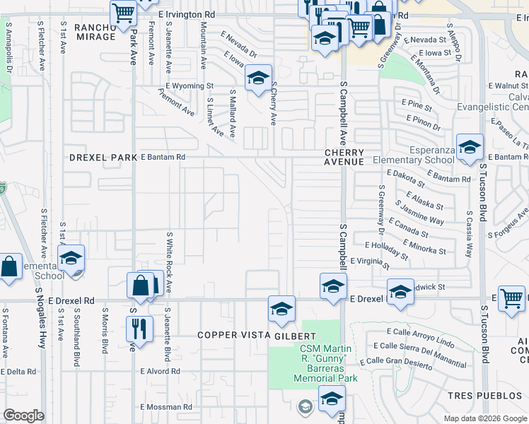 map of restaurants, bars, coffee shops, grocery stores, and more near 1566 East Los Cabos Place in Tucson