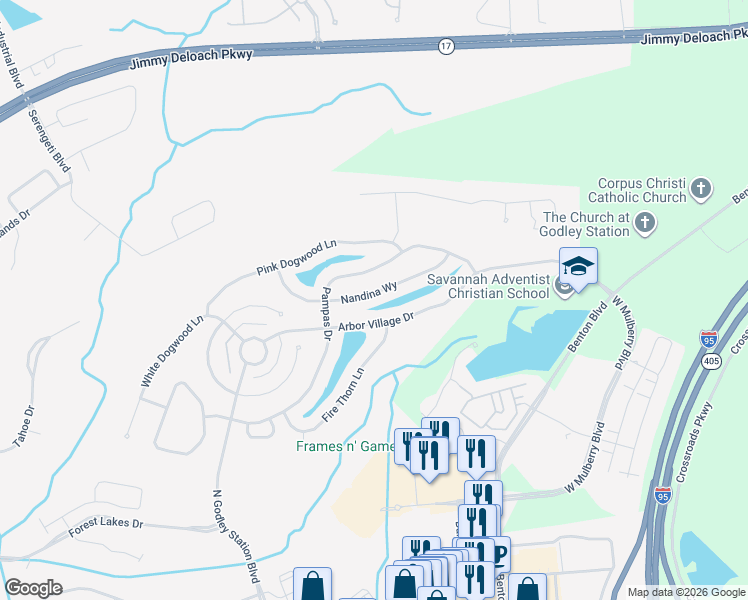 map of restaurants, bars, coffee shops, grocery stores, and more near 134 Arbor Village Drive in Pooler