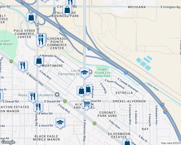 map of restaurants, bars, coffee shops, grocery stores, and more near 5445 South Alvernon Way in Tucson