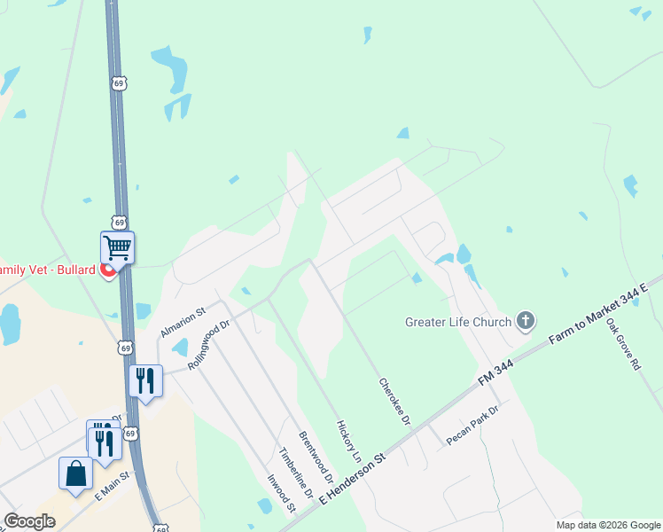 map of restaurants, bars, coffee shops, grocery stores, and more near 22535 Cherokee Lane in Bullard