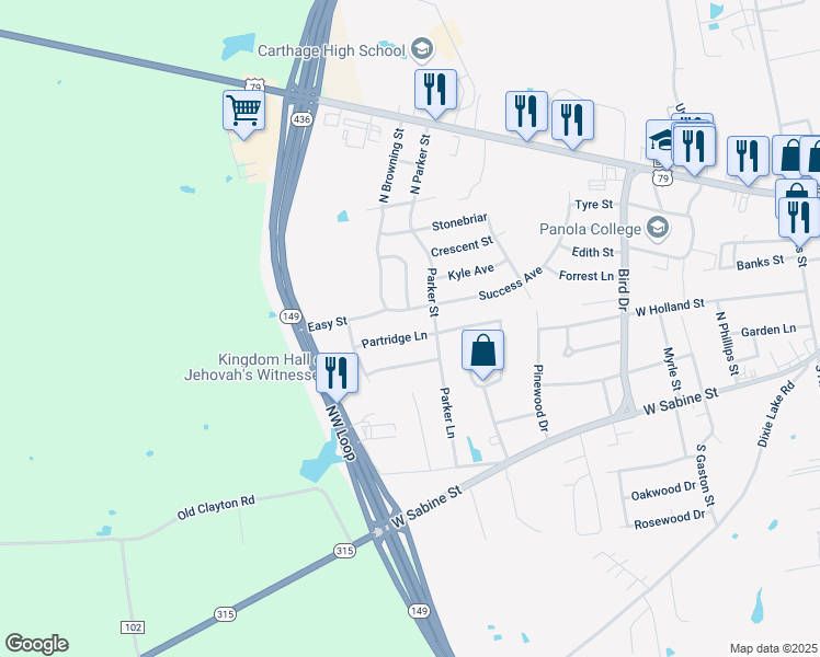 map of restaurants, bars, coffee shops, grocery stores, and more near 108 Meadowbrook Lane in Carthage