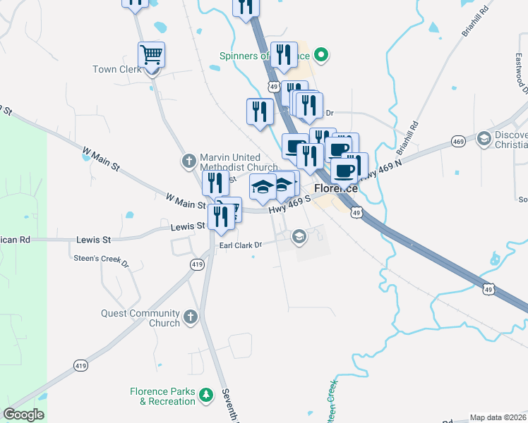 map of restaurants, bars, coffee shops, grocery stores, and more near 120 East Main Street in Florence