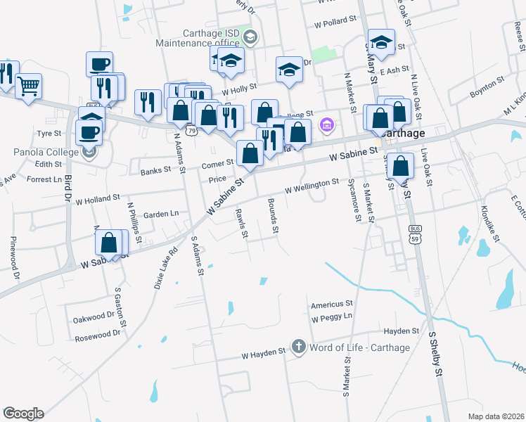 map of restaurants, bars, coffee shops, grocery stores, and more near 501 West Wellington Street in Carthage