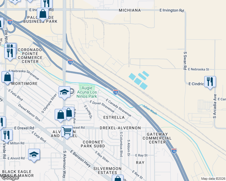 map of restaurants, bars, coffee shops, grocery stores, and more near Interstate 10 in Tucson