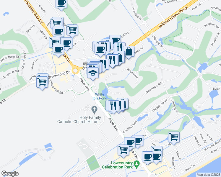 map of restaurants, bars, coffee shops, grocery stores, and more near 86 Gloucester Road in Hilton Head Island