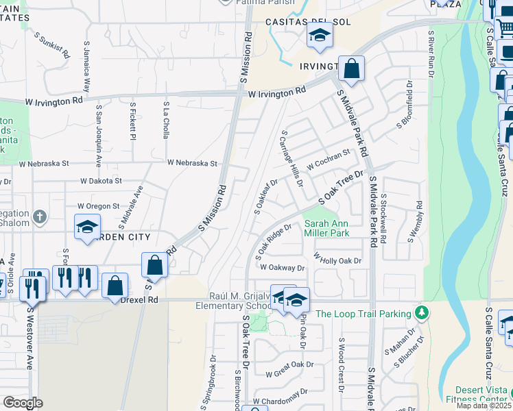 map of restaurants, bars, coffee shops, grocery stores, and more near 5424 South Oakleaf Drive in Tucson