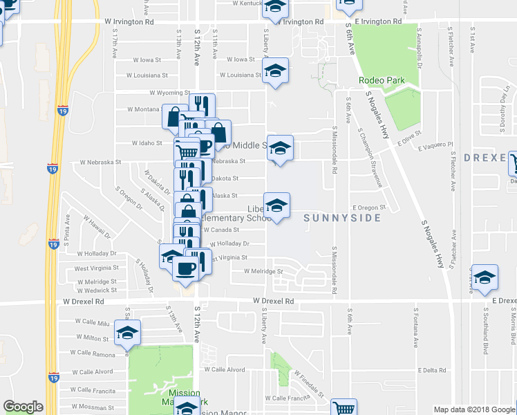 map of restaurants, bars, coffee shops, grocery stores, and more near 301 West Alaska Street in Tucson