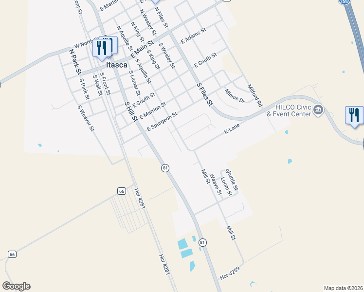 map of restaurants, bars, coffee shops, grocery stores, and more near 612 South Aquilla Street in Itasca