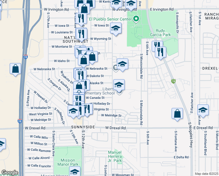 map of restaurants, bars, coffee shops, grocery stores, and more near 310 West Oregon Street in Tucson