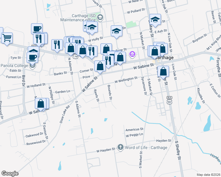 map of restaurants, bars, coffee shops, grocery stores, and more near 501 West Wellington Street in Carthage