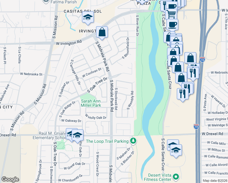 map of restaurants, bars, coffee shops, grocery stores, and more near 5412 South Stockwell Road in Tucson